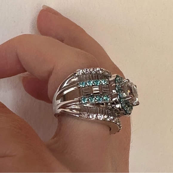 Silver Cocktail Ring Engagement Ring Round CZ Center with Halo, White & Blue CZ - Picture 11 of 16